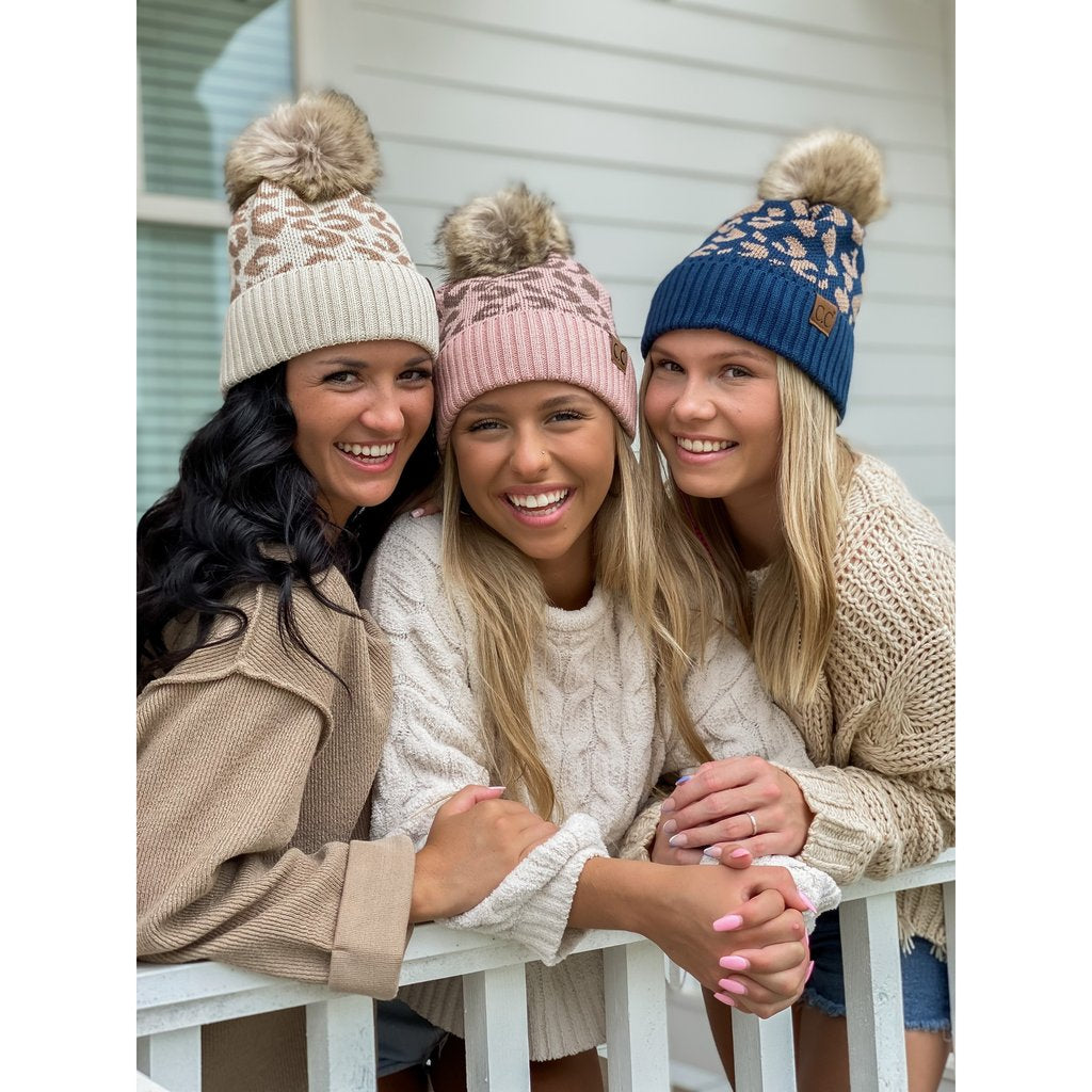 Leopard Pattern Fur Pom Beanie